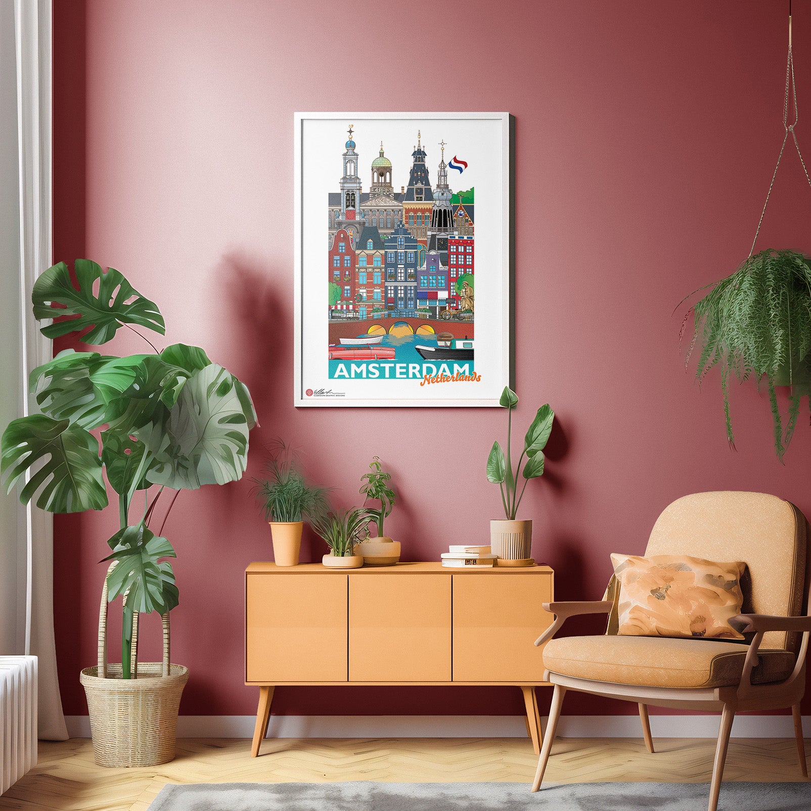 Amsterdam Netherlands artwork print wall hanging canals red room