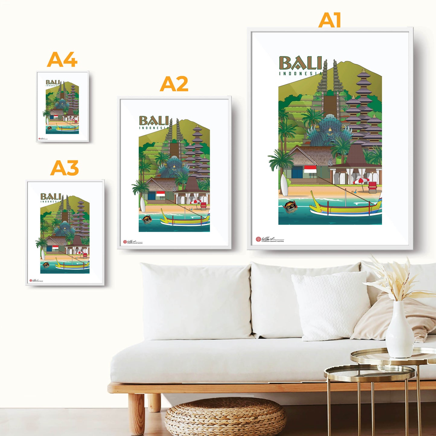 Bali Indonesia souvenir print artwork different sizes chart