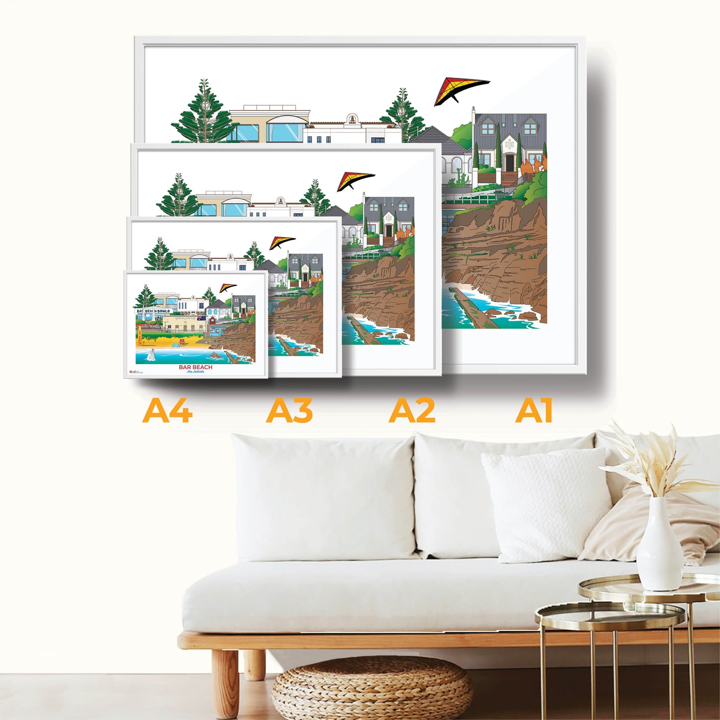 Bar Beach Newcastle NSW souvenir wall art print WORLDSCAPE COLLECTIVE size chart