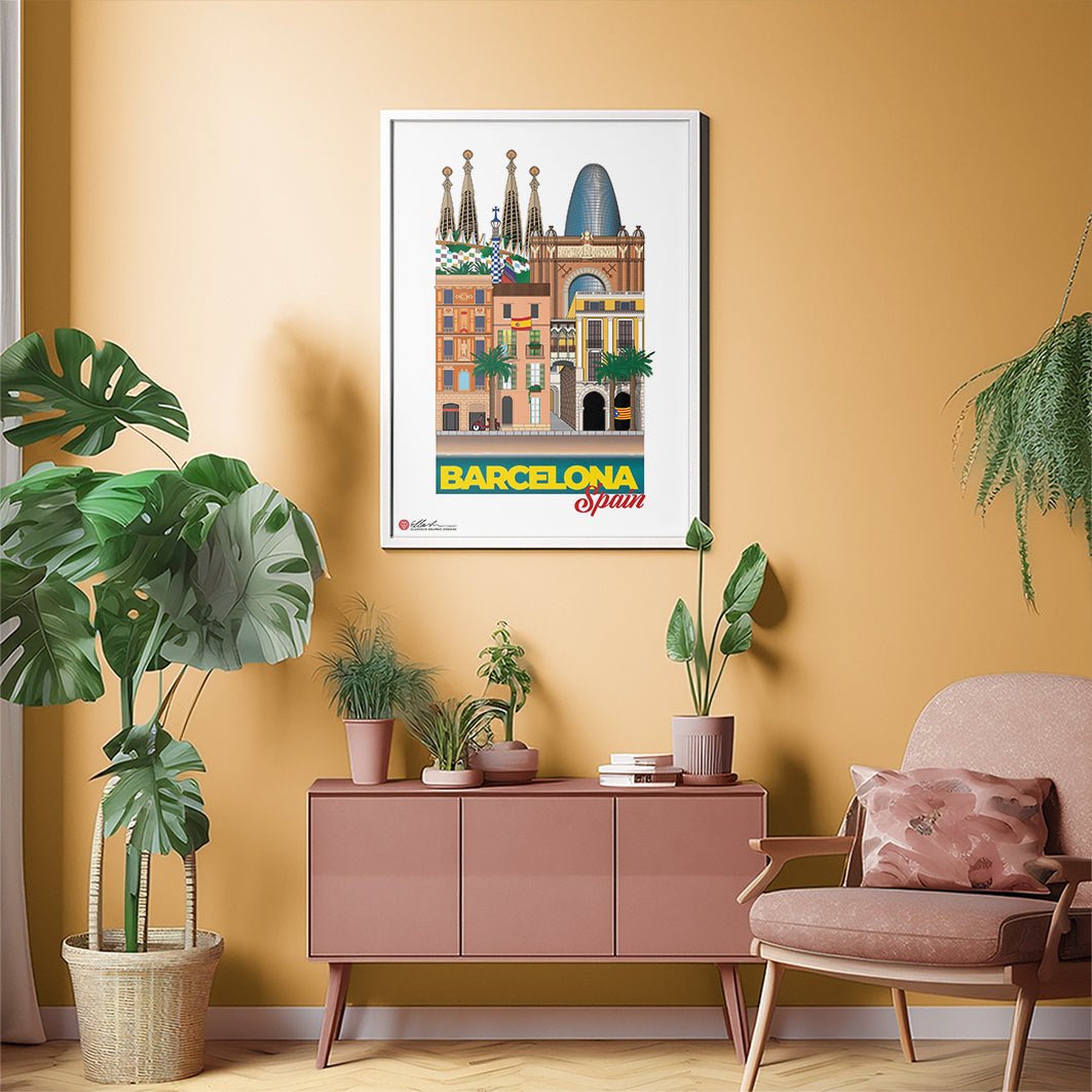 Barcelona Spain WORLDSCAPE COLLECTIVE artwork souvenir print framed on wall