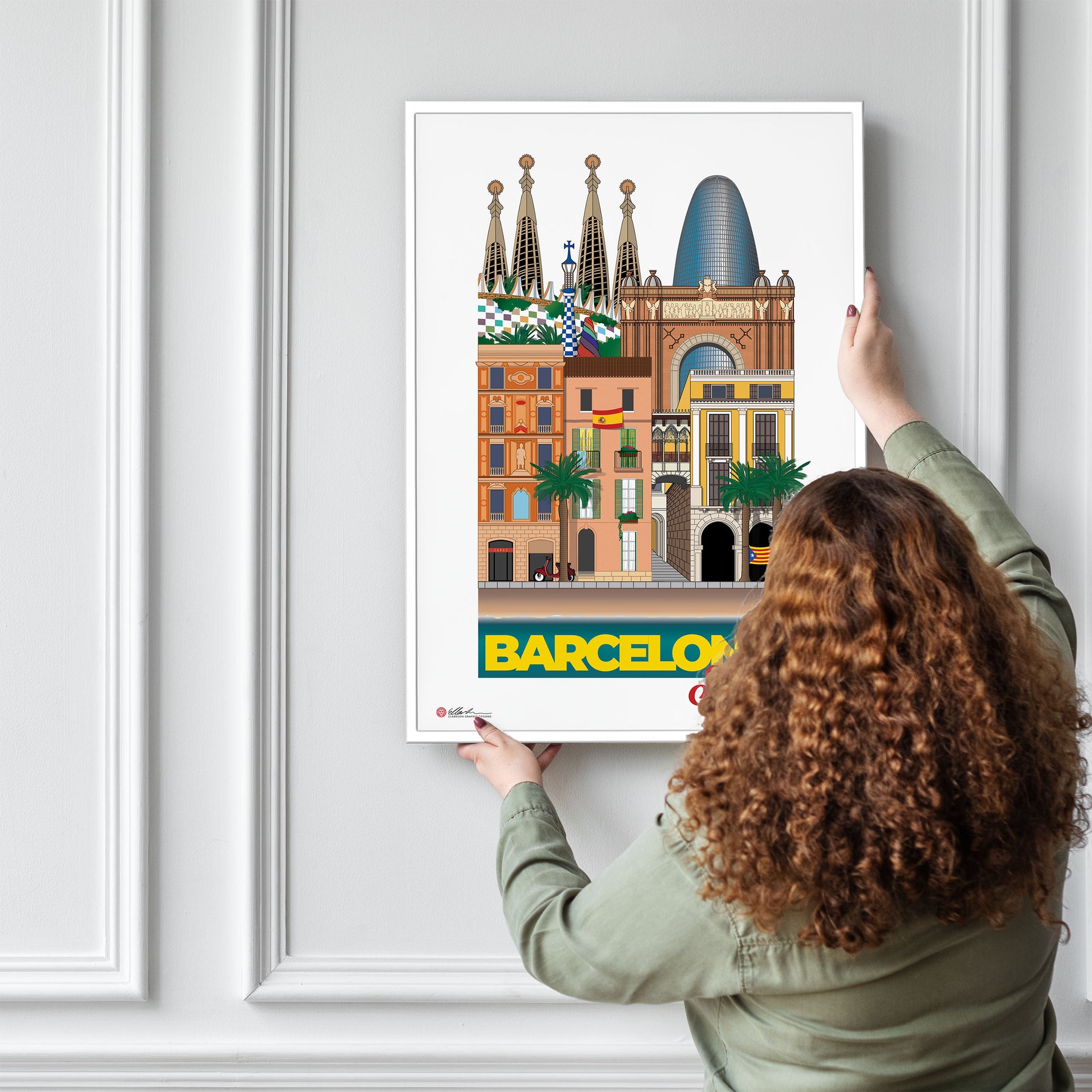 Barcelona Spain WORLDSCAPE COLLECTIVE artwork souvenir print hung on wall