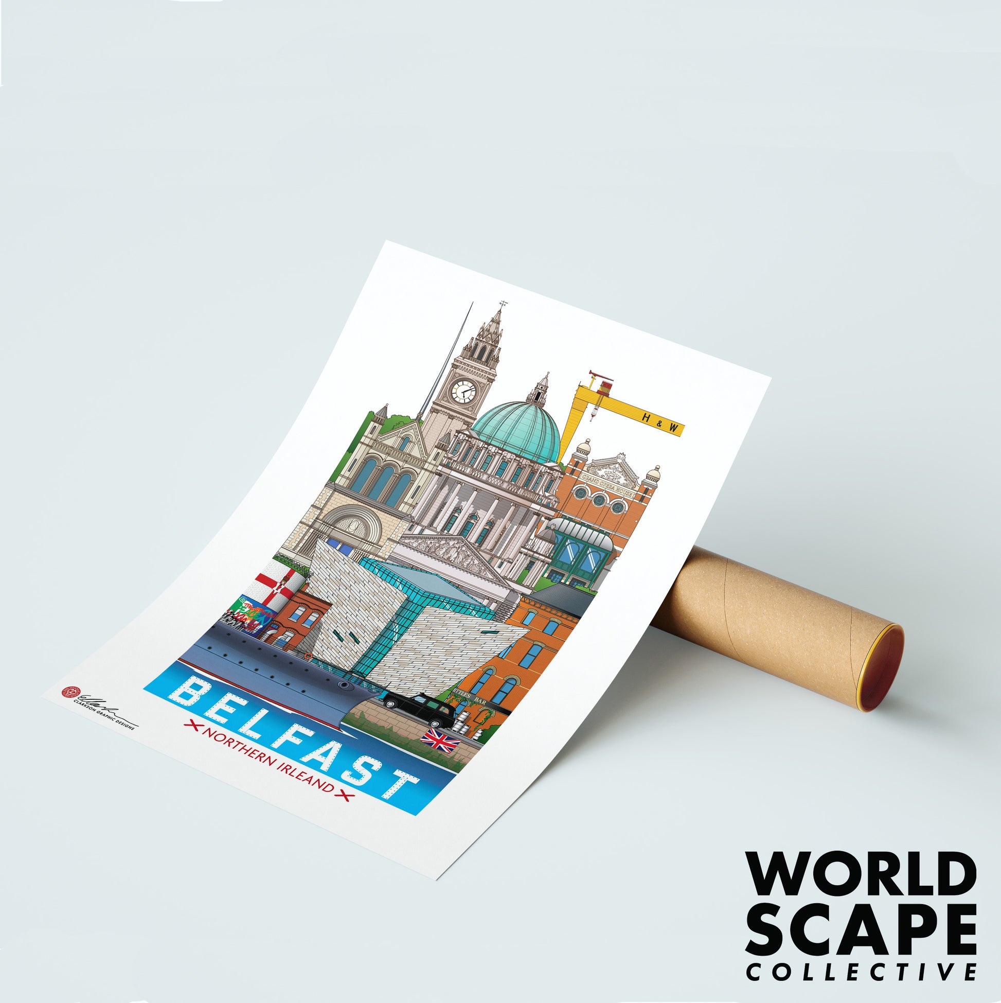 Capitals of the UK set worldscape artwork souvenir Belfast unframed