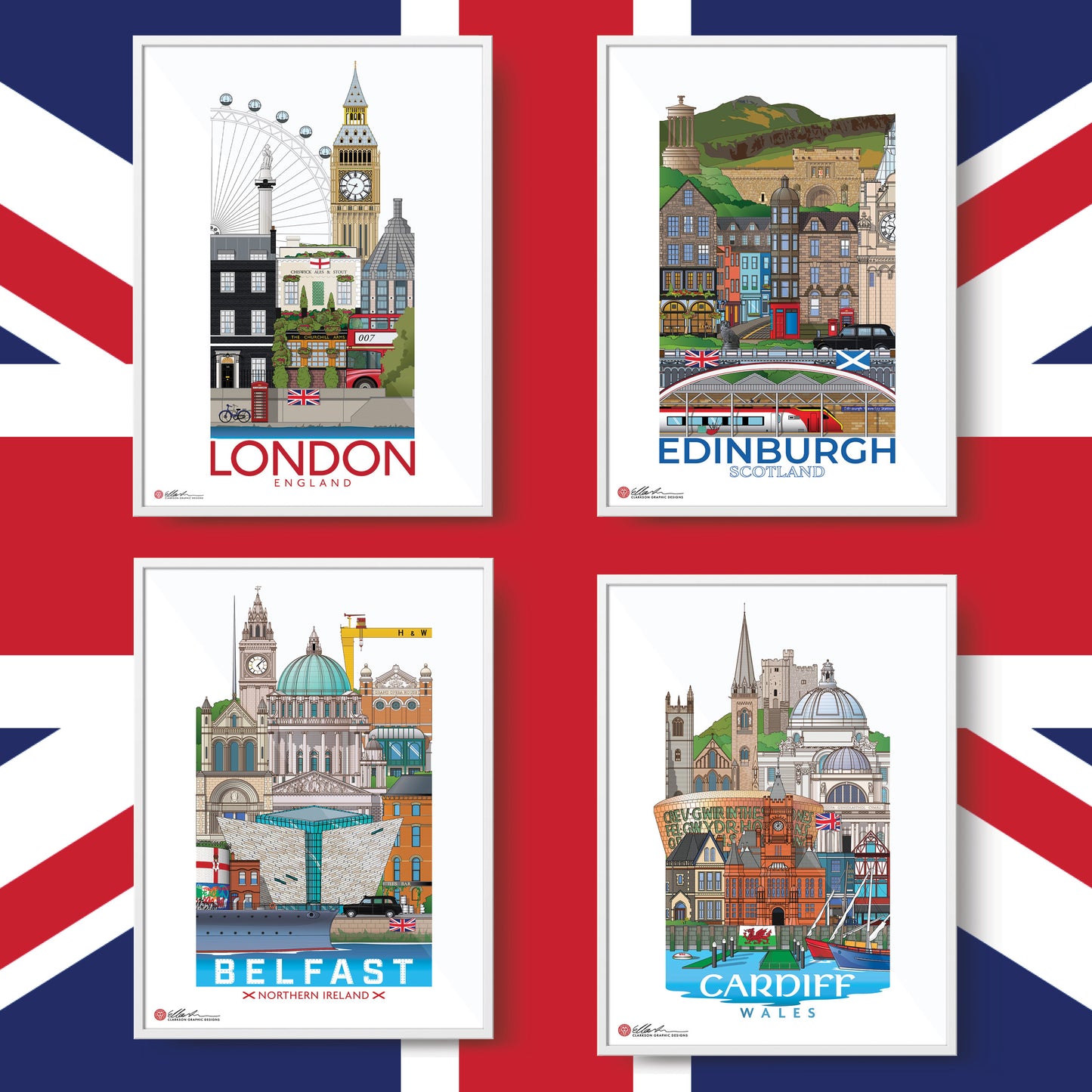Capitals of the UK set worldscape artwork souvenir London Cardiff Edinburgh Belfast front