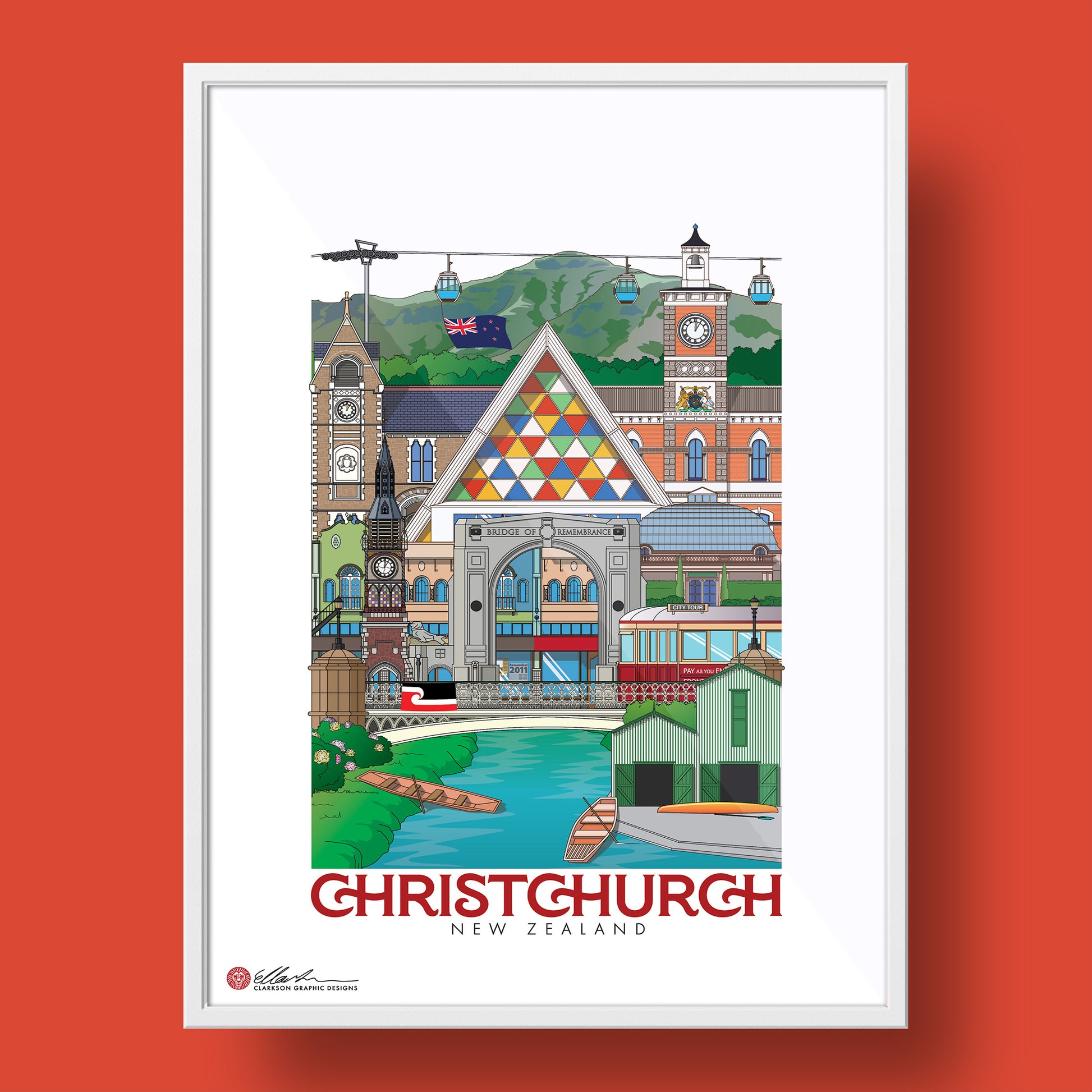 Christchurch New Zealand Artwork souvenir print framed