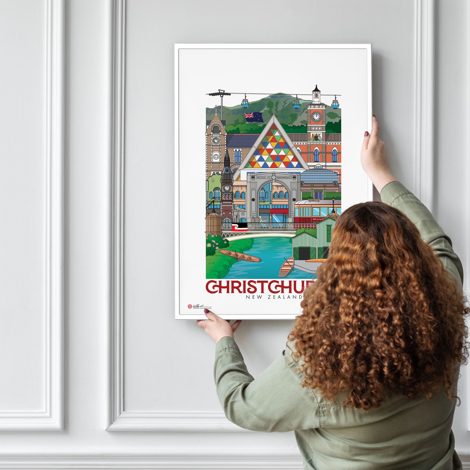 Christchurch New Zealand Artwork souvenir print framed on wall