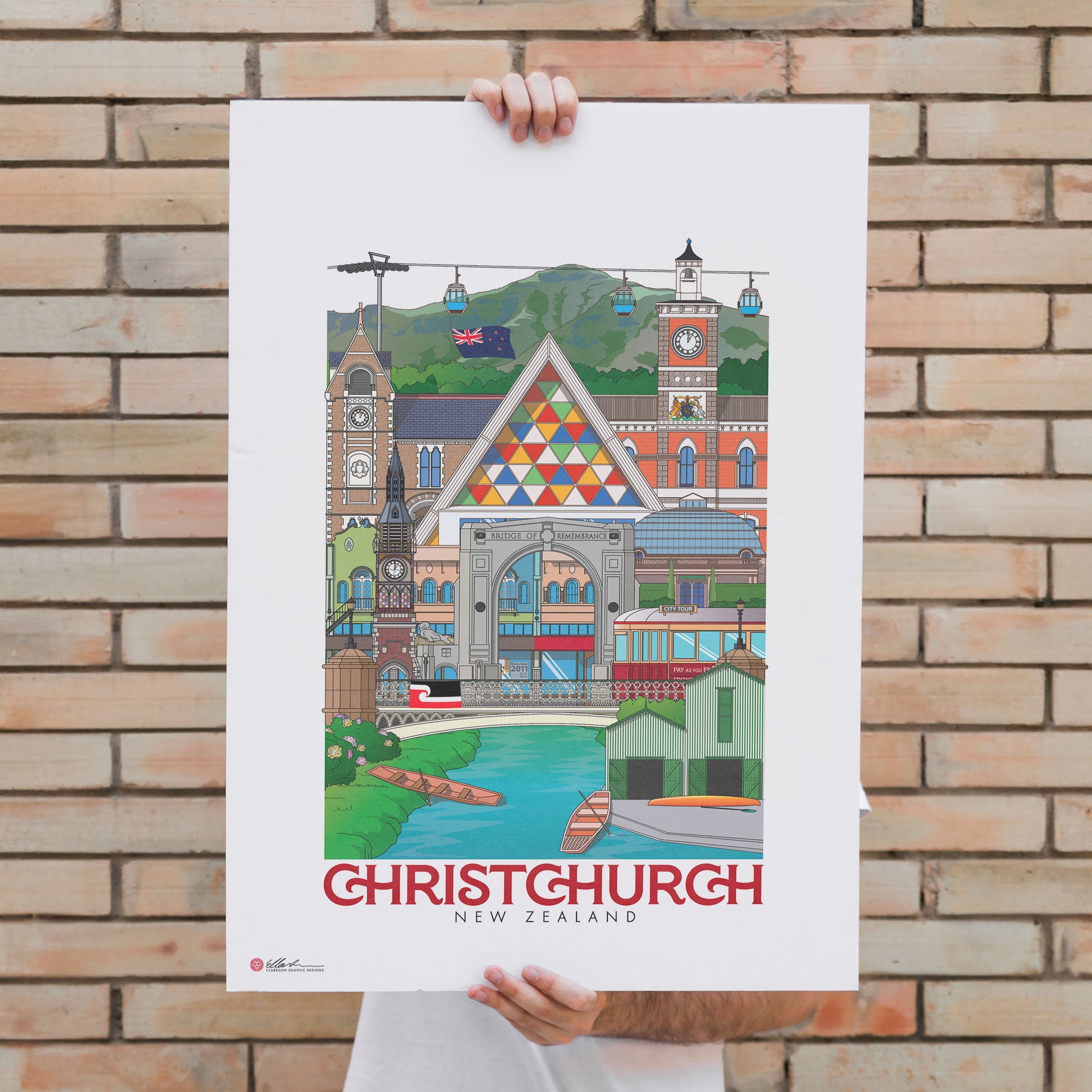 Christchurch New Zealand Artwork souvenir print unframed held up