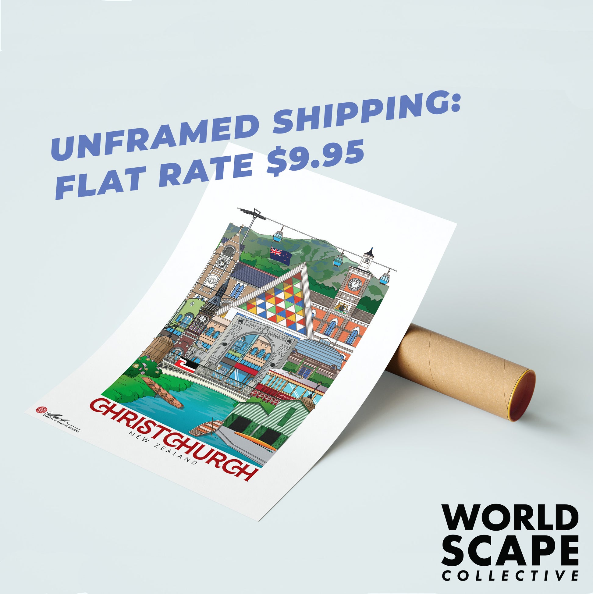 Christchurch New Zealand Artwork souvenir print flat rate shipping