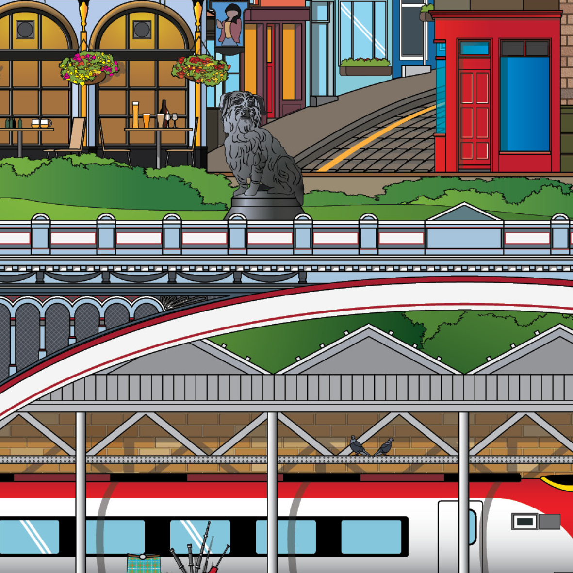 Illustration of a train station with a red and white train, platform, and surrounding buildings. Edinburgh Scotland