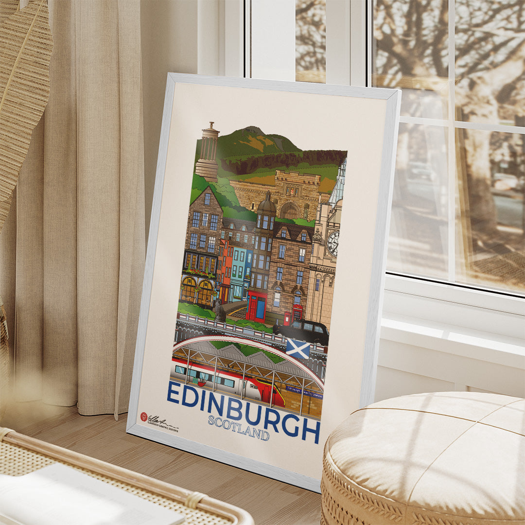 Framed poster of Edinburgh, Scotland on a windowsill.