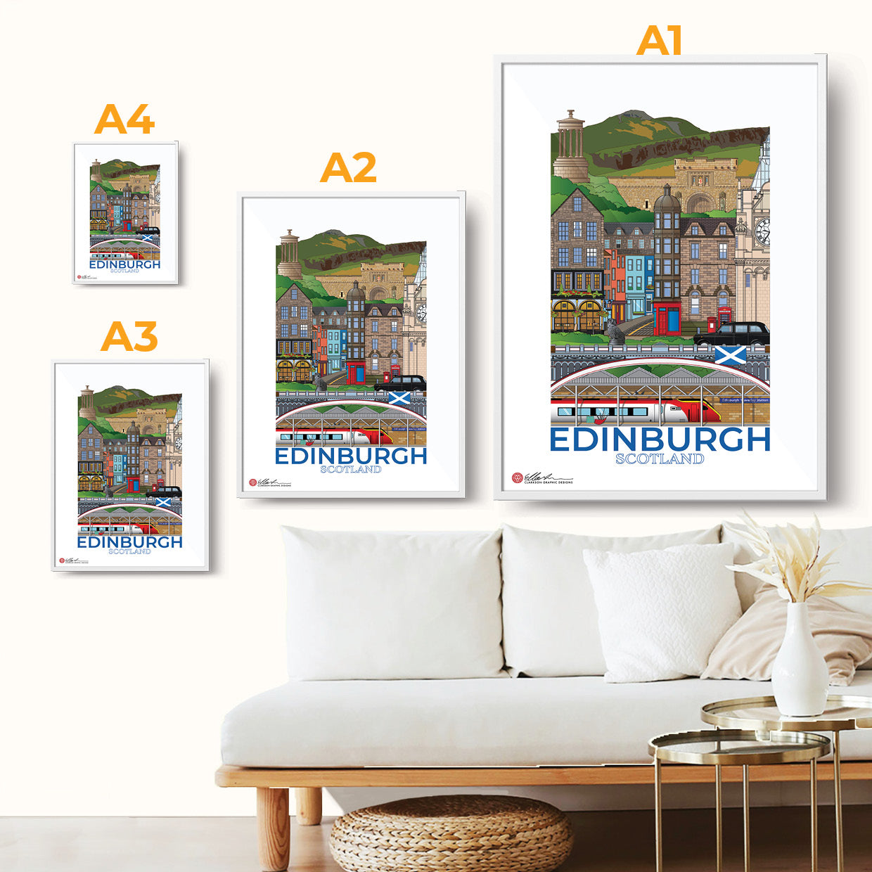 Framed Edinburgh posters on a wall above a sofa size guide