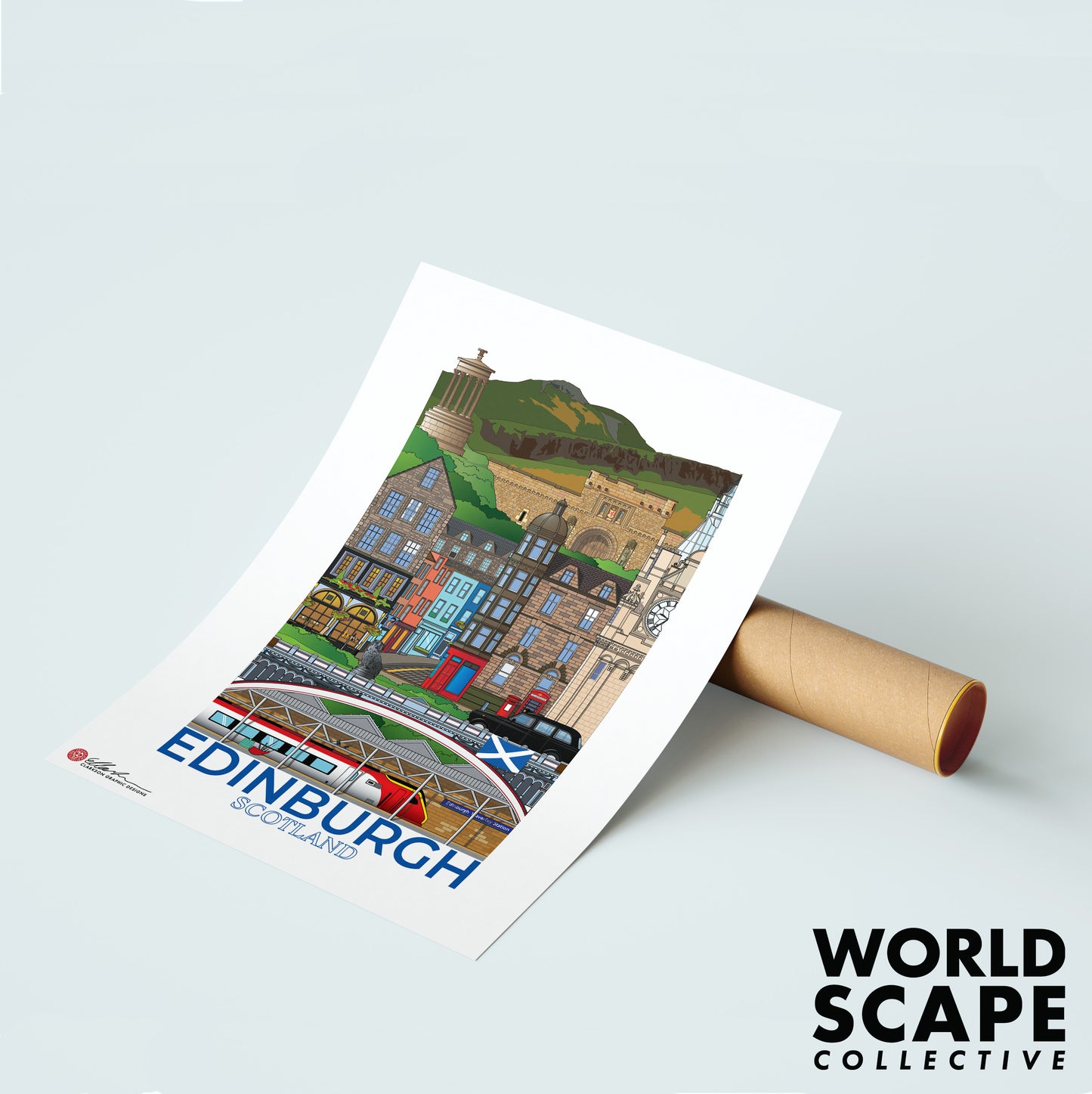 Roll of paper with a scenic illustration of Edinburgh, Scotland, on a light gray background.