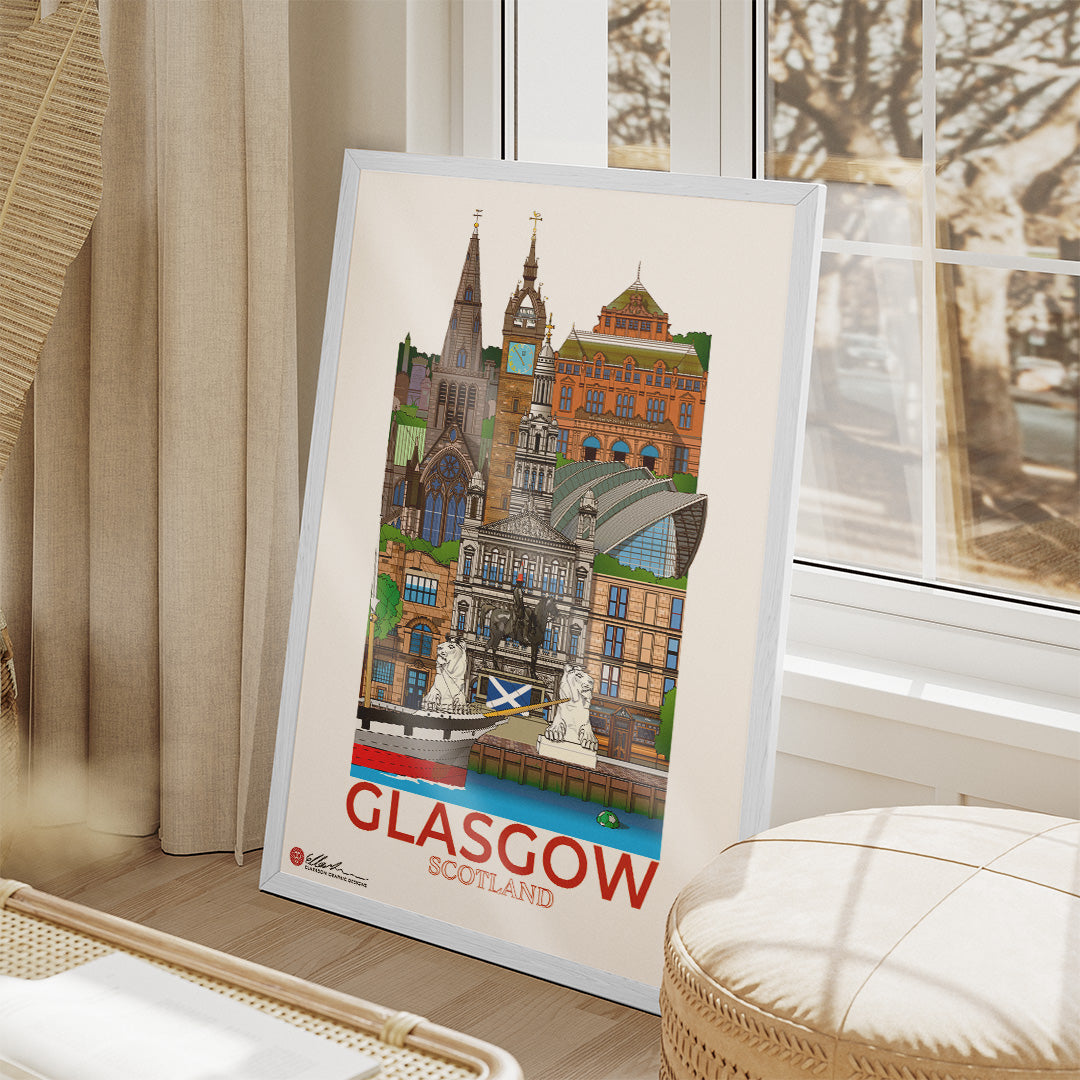 Framed poster of Glasgow, Scotland on a windowsill. Worldscape collective print