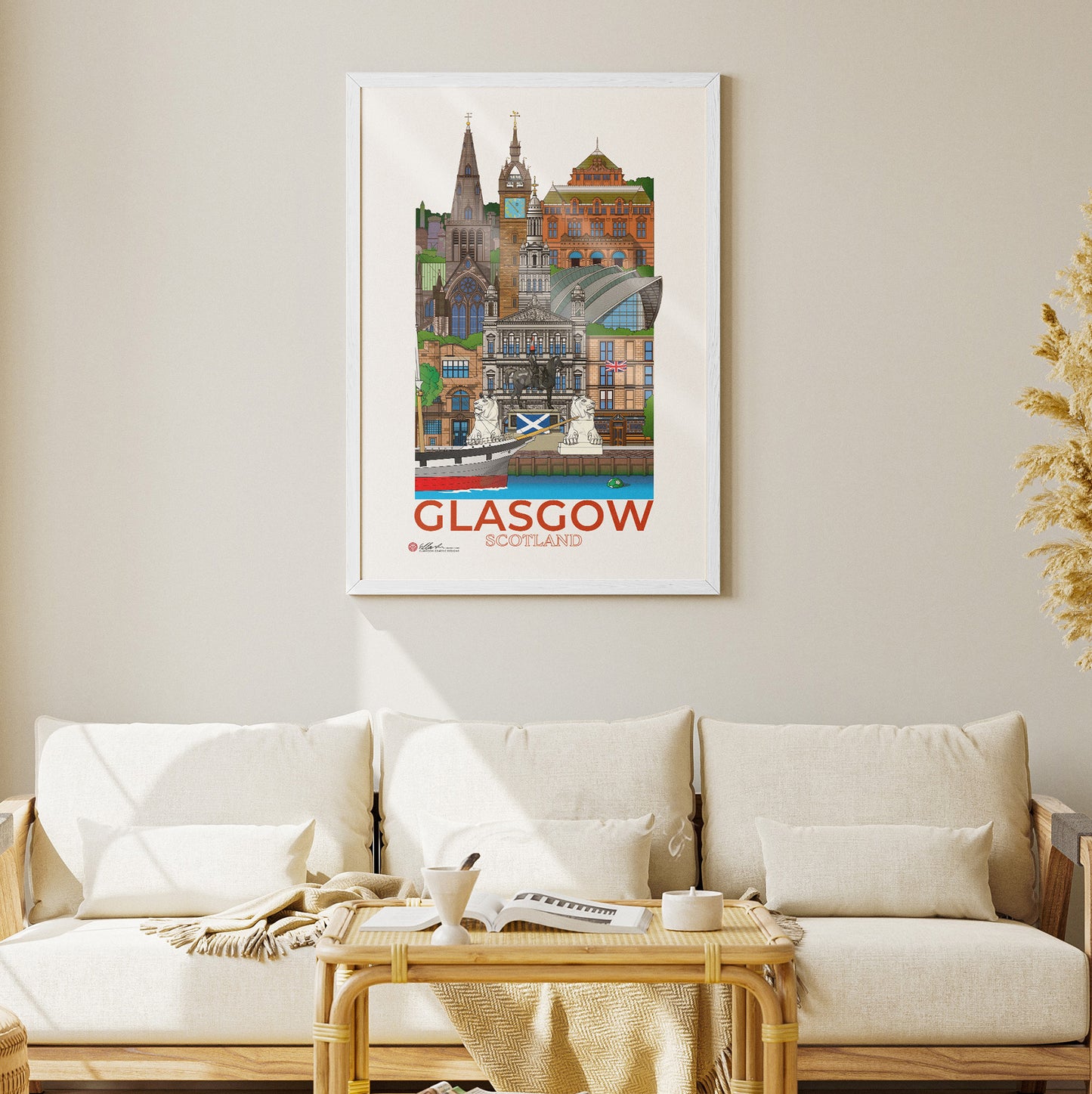 Glasgow illustration framed in living room. Decoration and landmarks souvenir