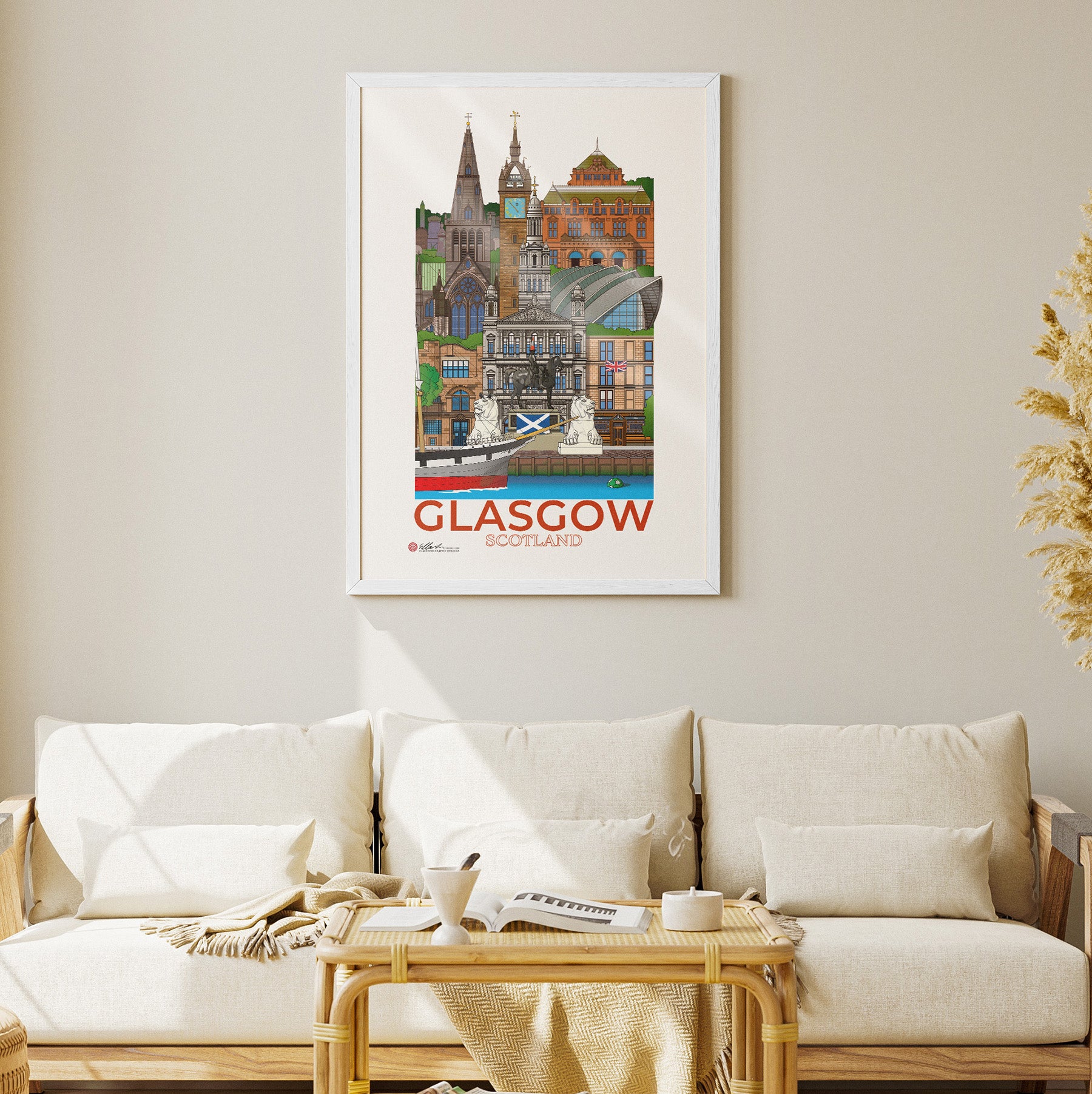 Glasgow illustration framed in living room. Decoration and landmarks souvenir