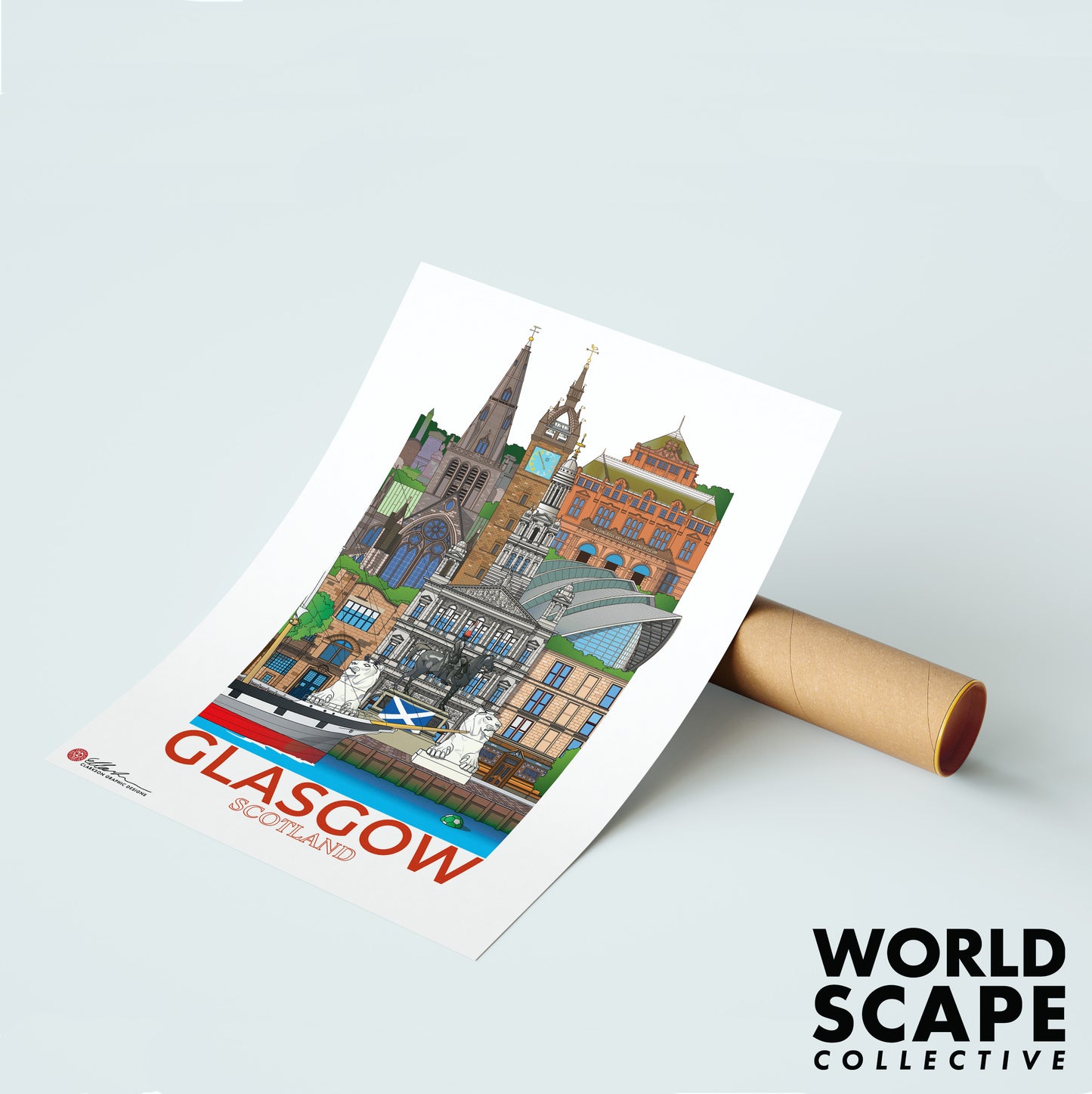 Poster of Glasgow with a rolled-up poster tube on a light gray background, featuring 'Worldscape Collective' branding.