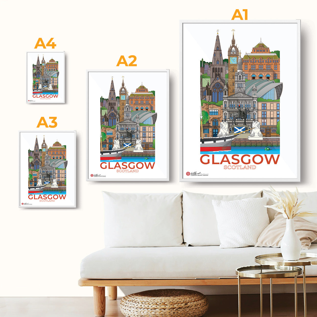 Framed artworks of Glasgow with different sizes displayed on a wall above a sofa.