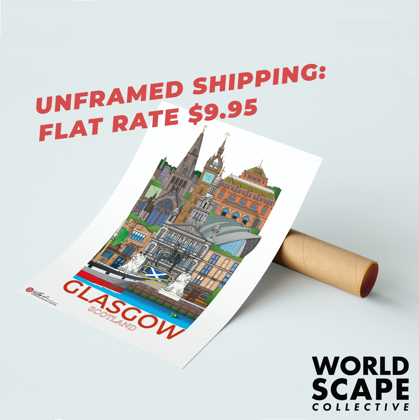 Glasgow Scotland poster with World Scape Collective branding on a light gray background. Flat rate shipping 9.95 unframed poster