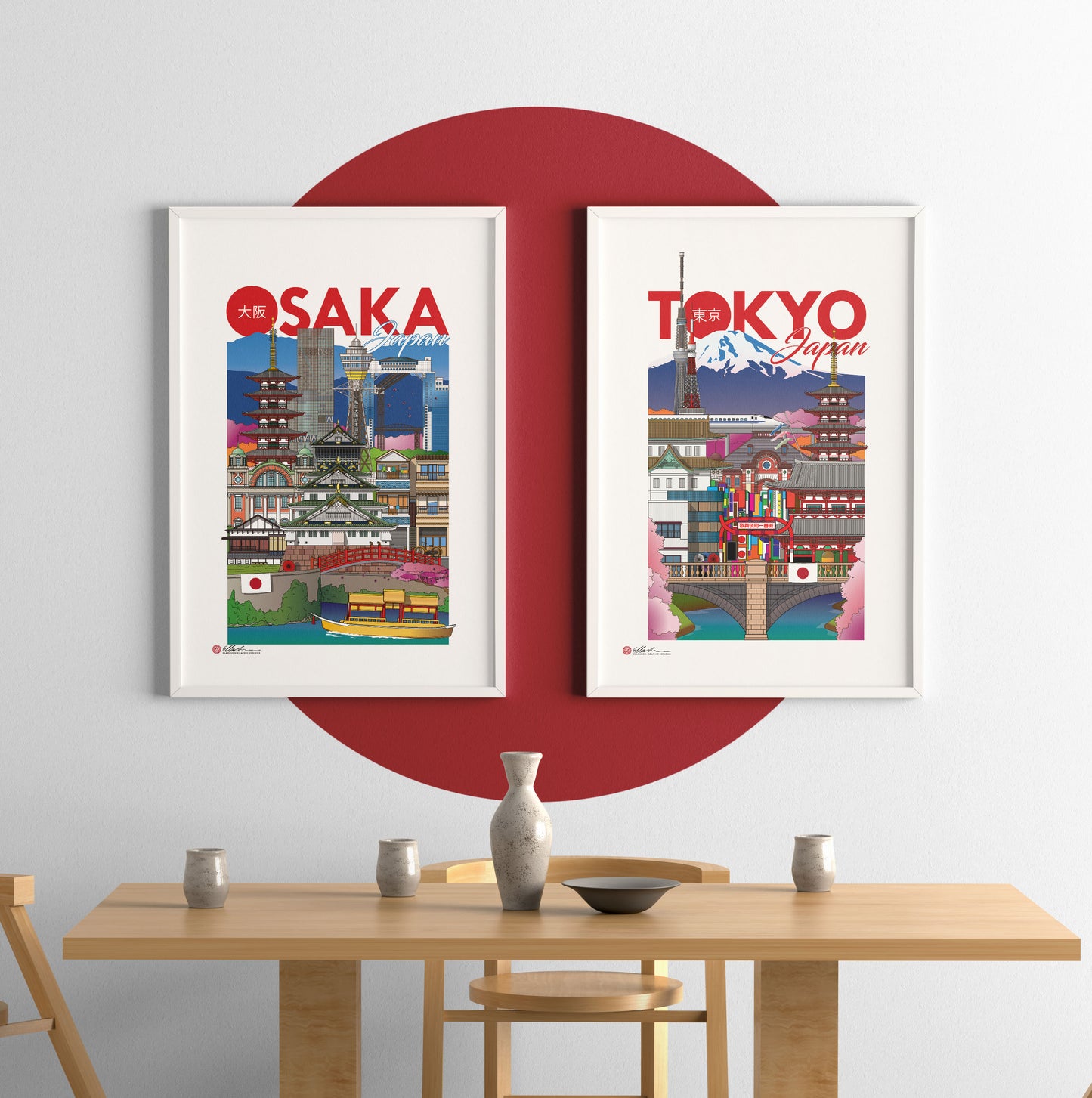 Osaka and Tokyo Japan artwork souvenir frame print front