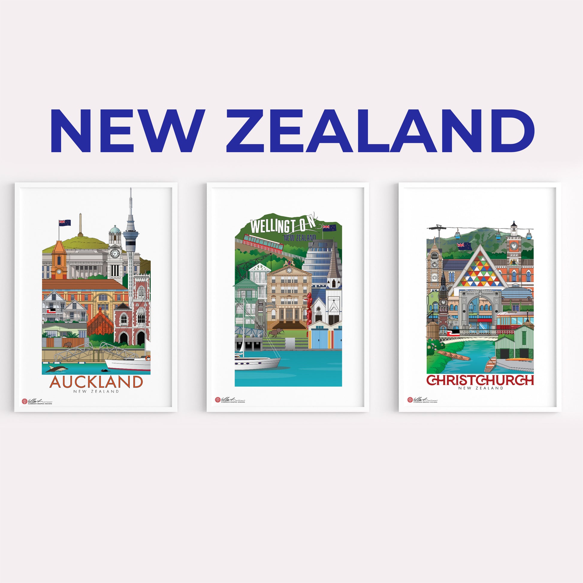 Christchurch New Zealand Artwork souvenir print framed collection of auckland wellington