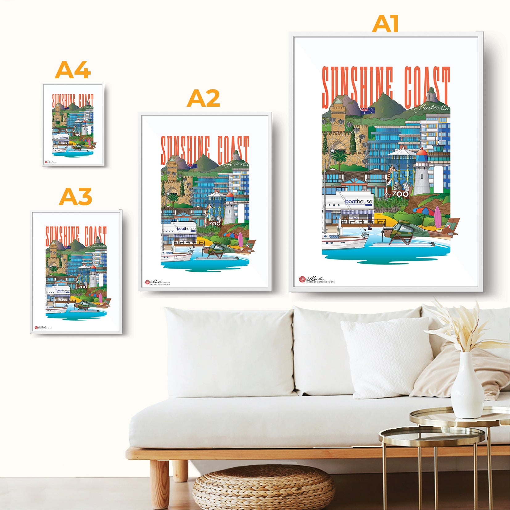 Sunshine Coast QLD Australia souvenir artwork print framed frame size guide