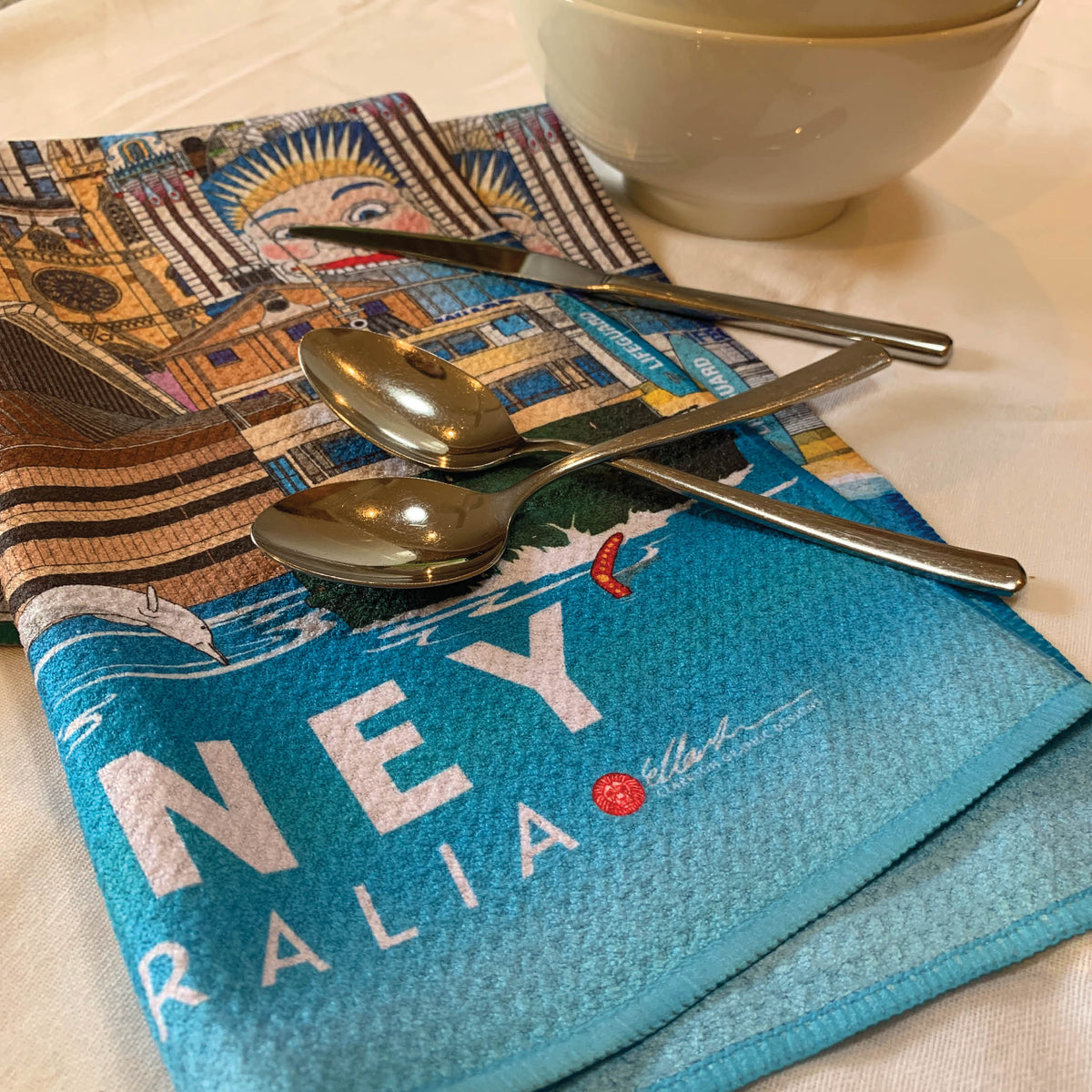 Sydney NSW Australia tea towel with Sydney Harbour bridge, Sydney Opera House, Luna Park, Barangaroo, Town Hall. Landmark cotton tea towel
