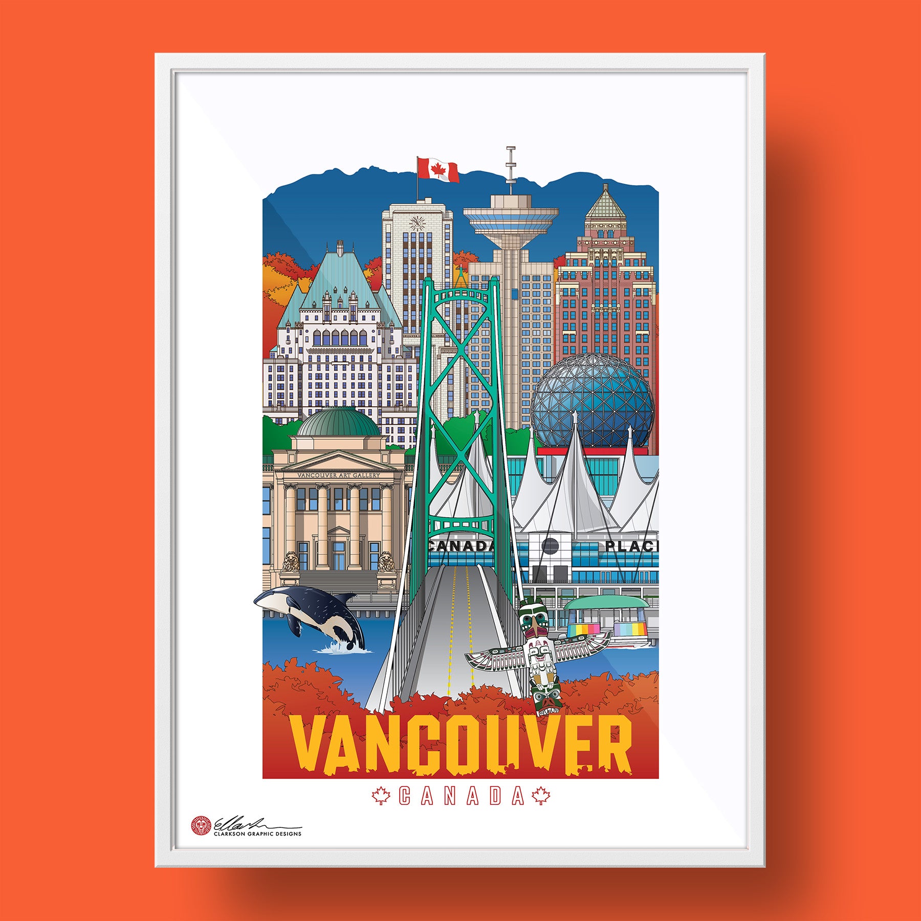 Illustration of Vancouver landmarks on a white background