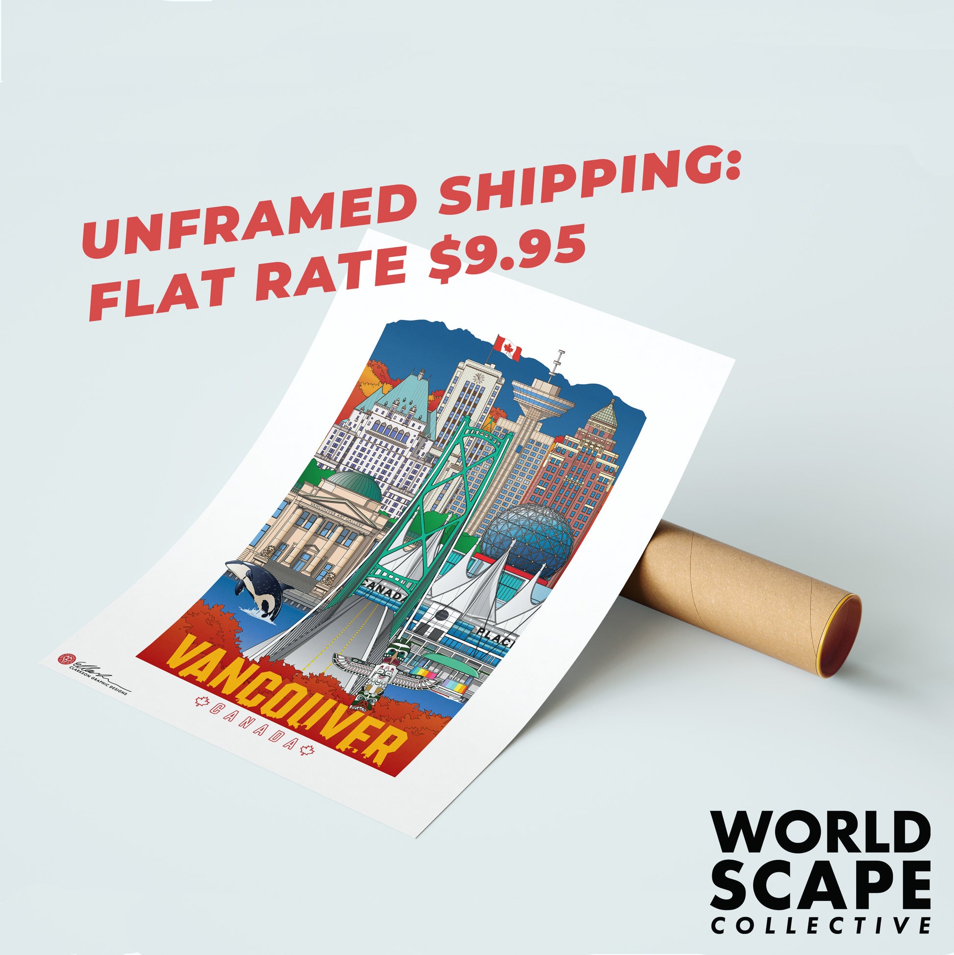 Poster of Vancouver with 'World Scape Collective' branding and promotional text on a light gray background