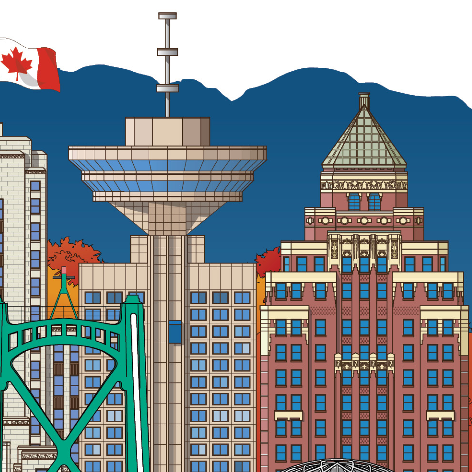 Illustration of a Vancouver skyline with buildings and a flag on a blue1 background