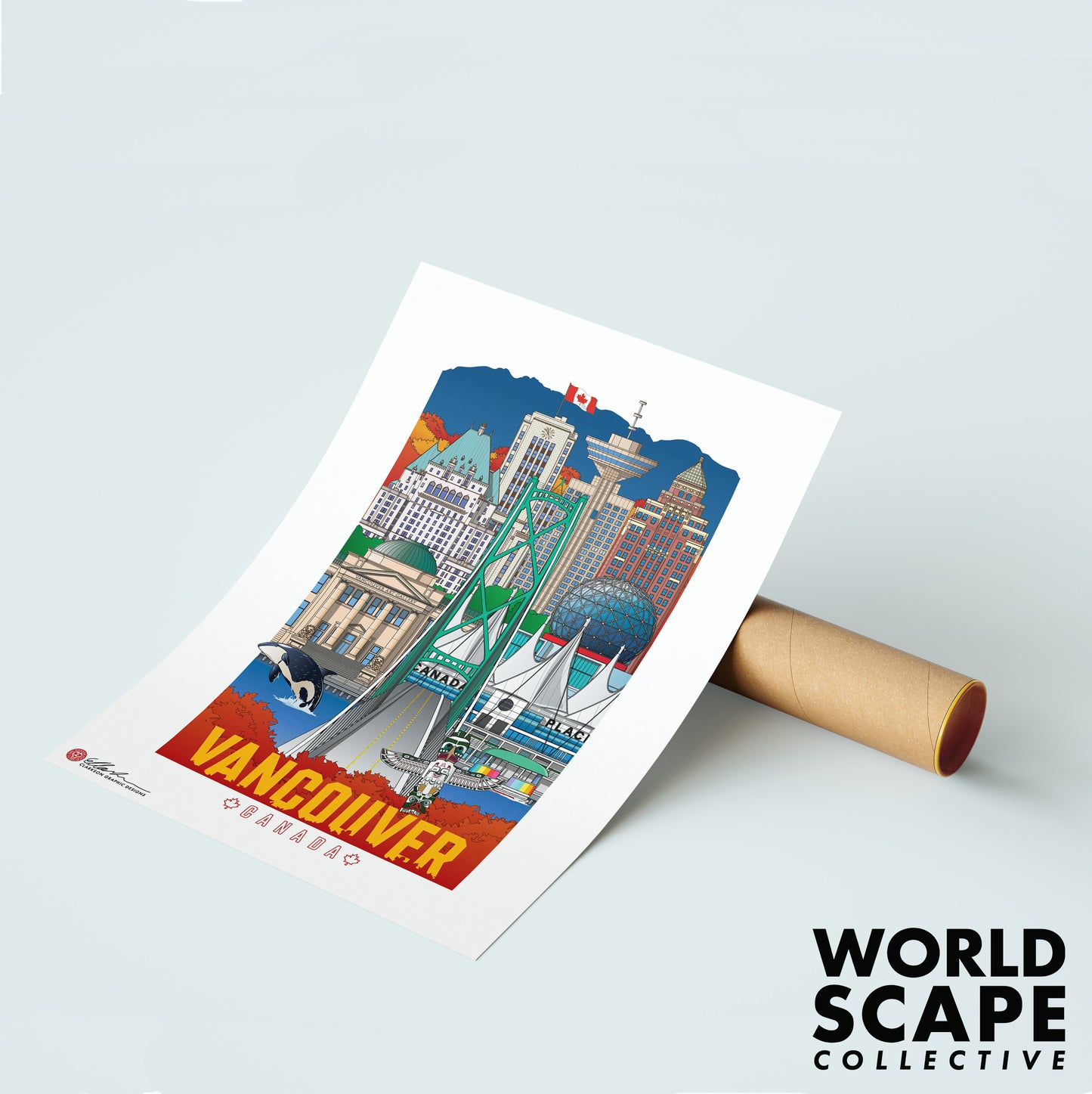 Colorful poster of Vancouver with a cardboard tube on a light gray background, featuring 'Worldscape Collective' branding.