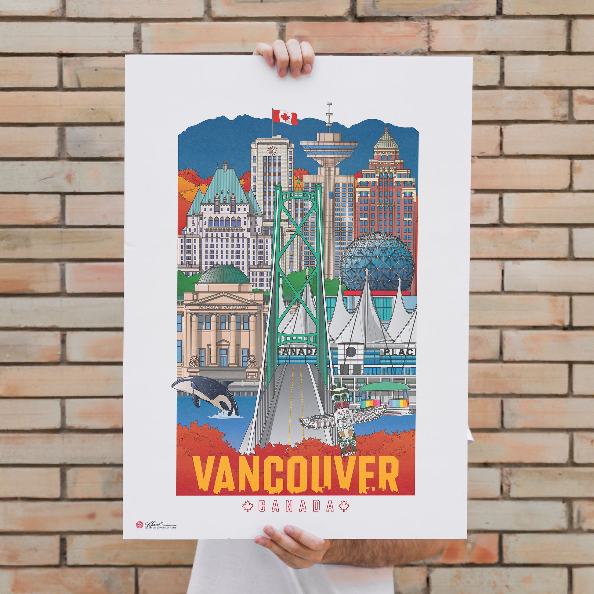 Poster of Vancouver held against a brick wall