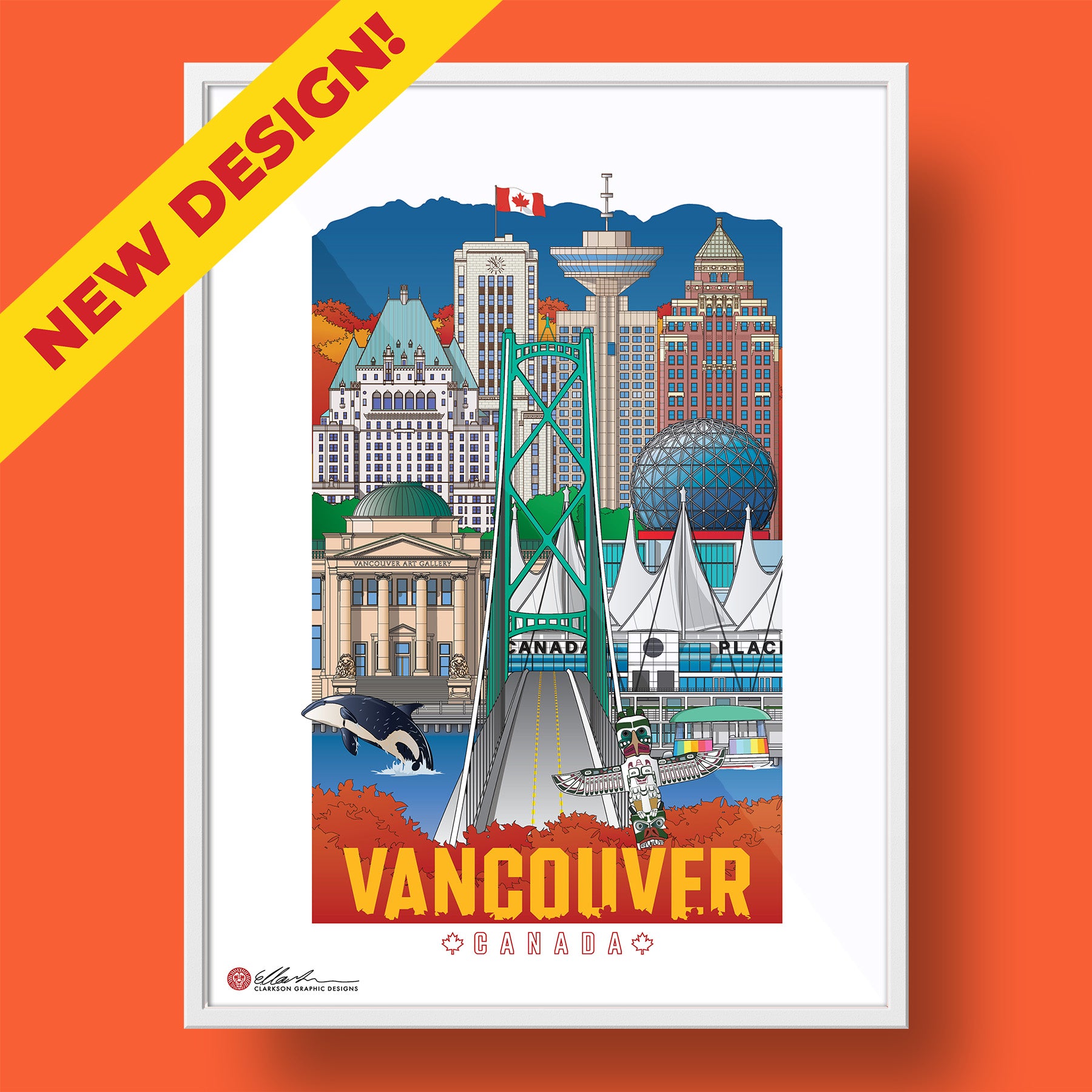 Poster of Vancouver with a green bridge and city skyline on an orange background