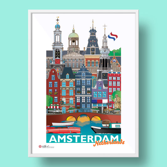 Amsterdam Netherlands artwork framed canals bridges royal palace rijksmuseum