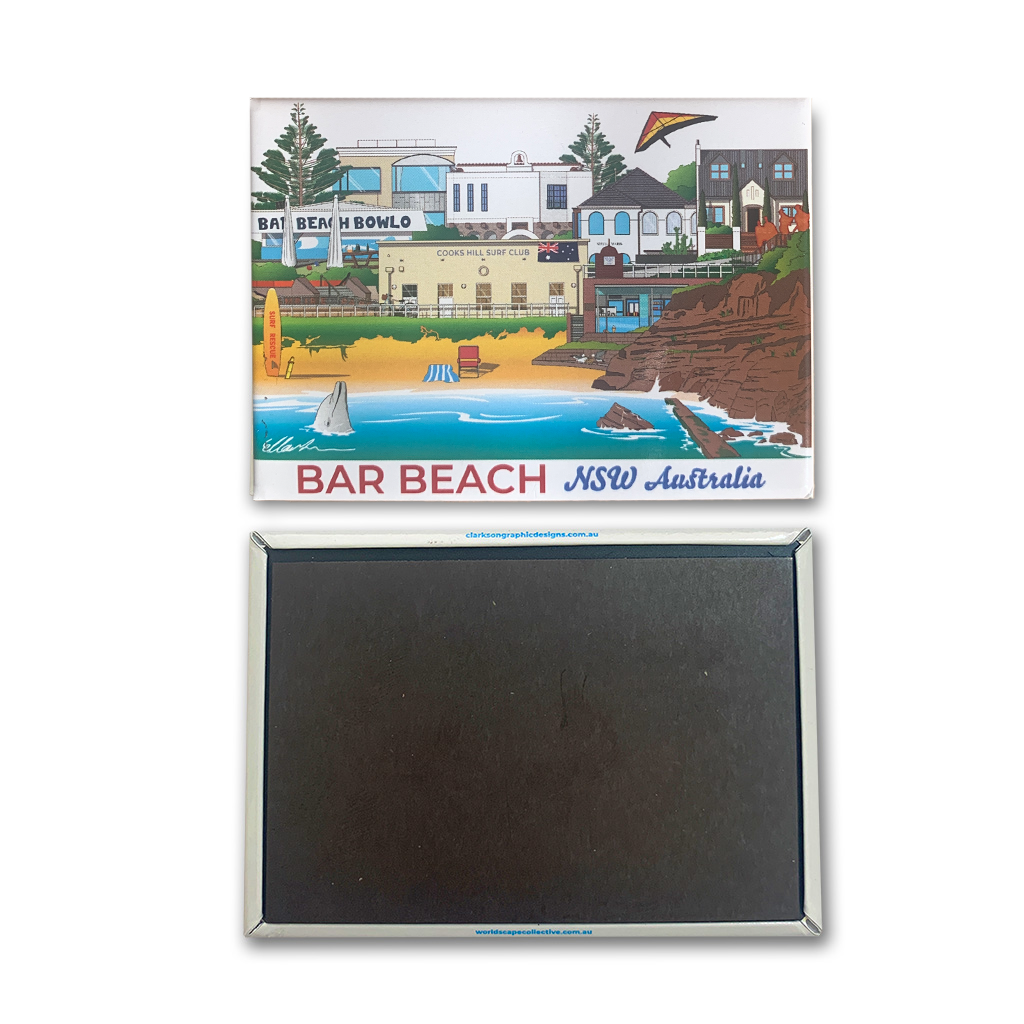 A rectangular souvenir-style magnet or plaque shown front and back on a plain white background. The top view shows a colorful illustrated scene labeled 'BAR BEACH NSW Australia' with buildings, beach, water, and boats.