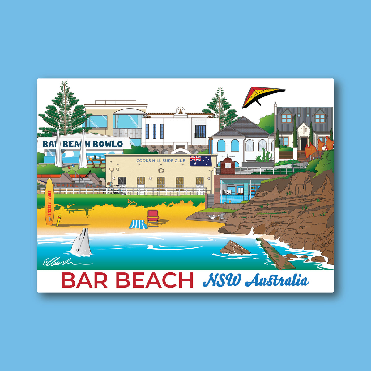 A colorful illustrated travel poster of Bar Beach, NSW, Australia, featuring coastal buildings, a sandy beach, surf, and the text 'BAR BEACH NSW Australia' at the bottom, shown against a solid light blue background.