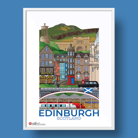 Framed artwork of Edinburgh, Scotland with iconic buildings and landmarks.