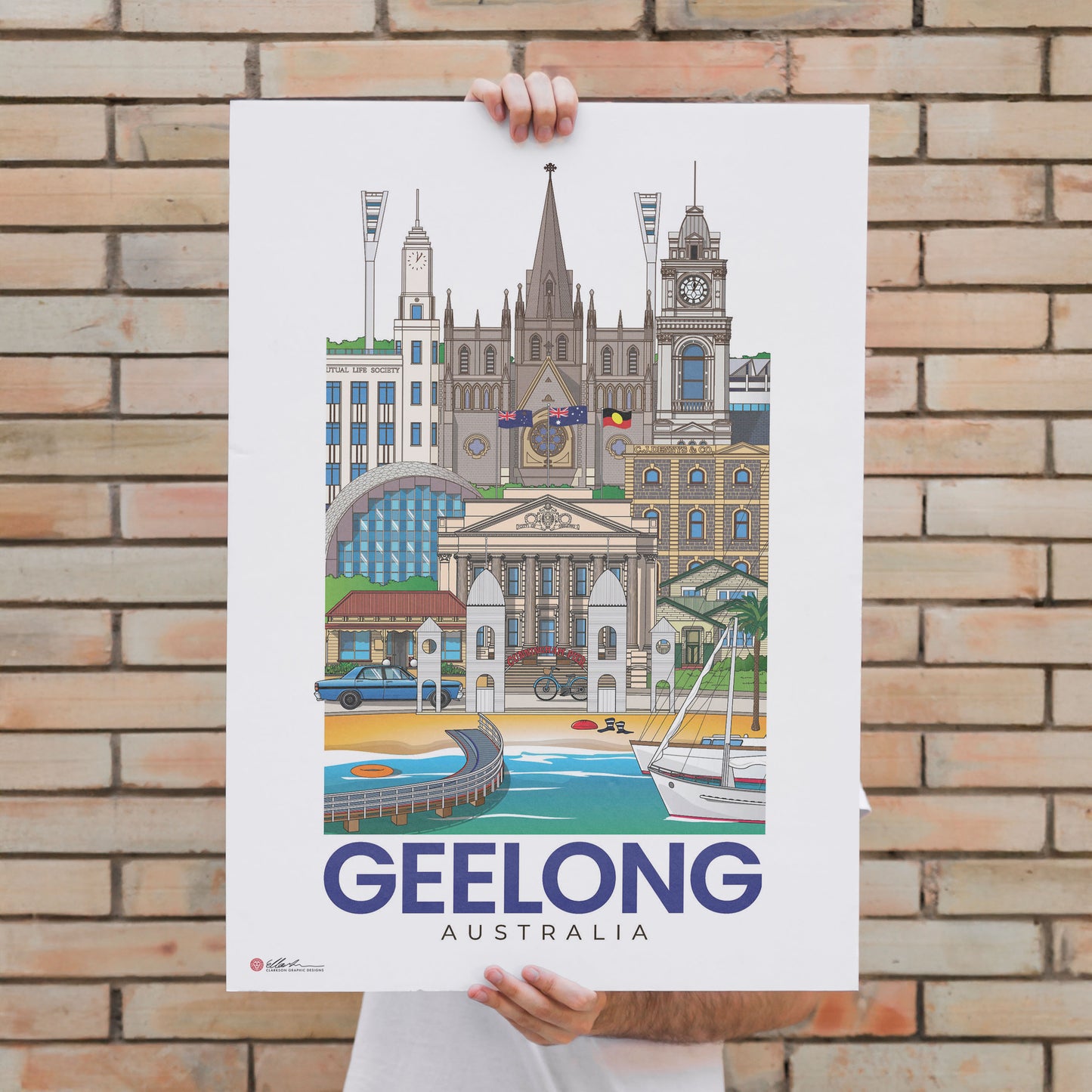 Geelong Australia artwork print souvenir worldscape collective poster held up