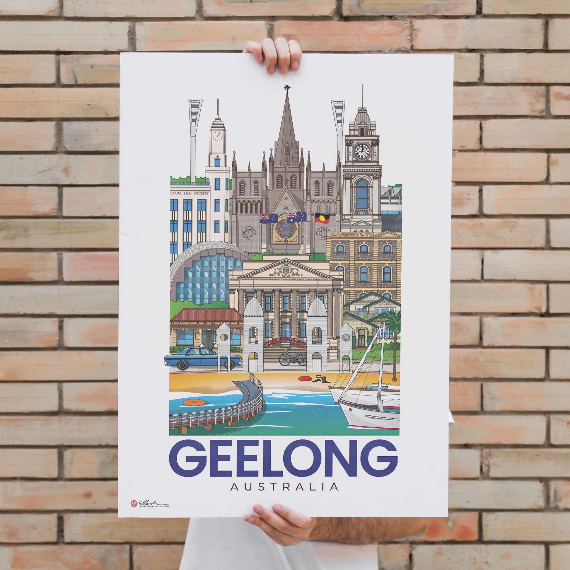 Geelong Australia artwork print souvenir worldscape collective poster held up