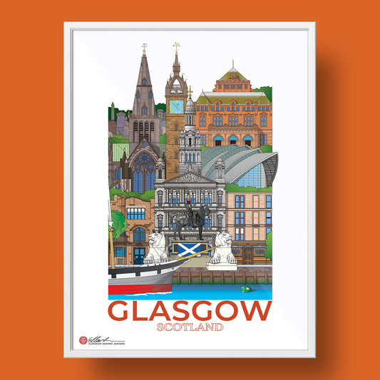 Illustration of Glasgow, Scotland featuring iconic buildings and landmarks on a white background.