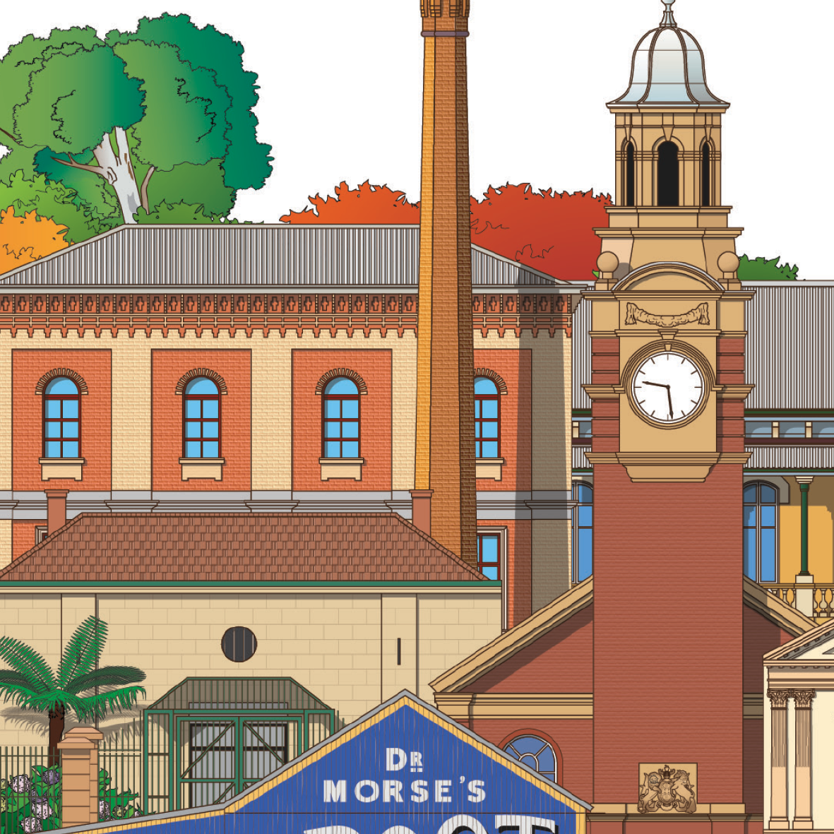 Maitland NSW Australia artwork print. Maitland Gaol, Town Hall, Indian Root Pills Shed, ute, Walcha Water Works, Post Office, Morpeth Historical Bridge, 