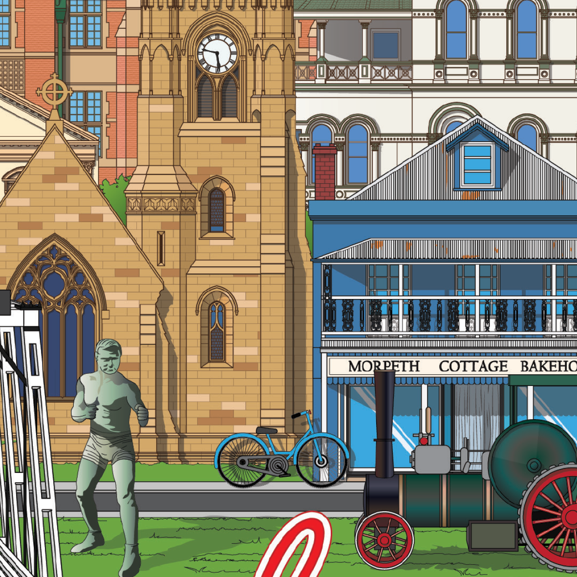 Maitland NSW Australia artwork print. Maitland Gaol, Town Hall, Indian Root Pills Shed, ute, Walcha Water Works, Post Office, Morpeth Historical Bridge, 