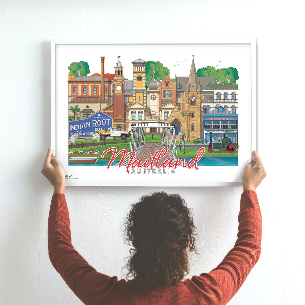 Maitland NSW Australia artwork print. Maitland Gaol, Town Hall, Indian Root Pills Shed, ute, Walcha Water Works, Post Office, Morpeth Historical Bridge, 