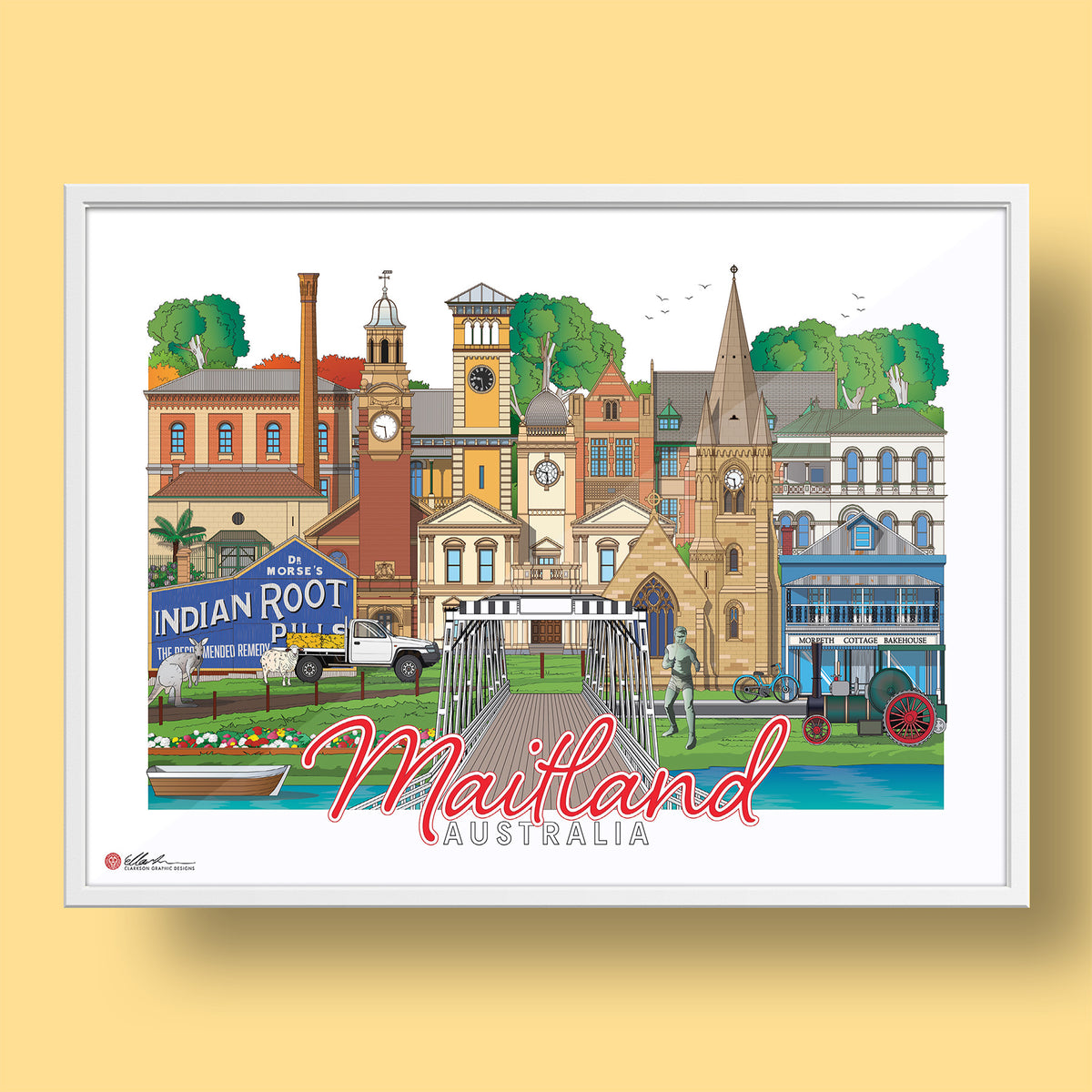Maitland NSW Australia artwork print. Maitland Gaol, Town Hall, Indian Root Pills Shed, ute, Walcha Water Works, Post Office, Morpeth Historical Bridge, 