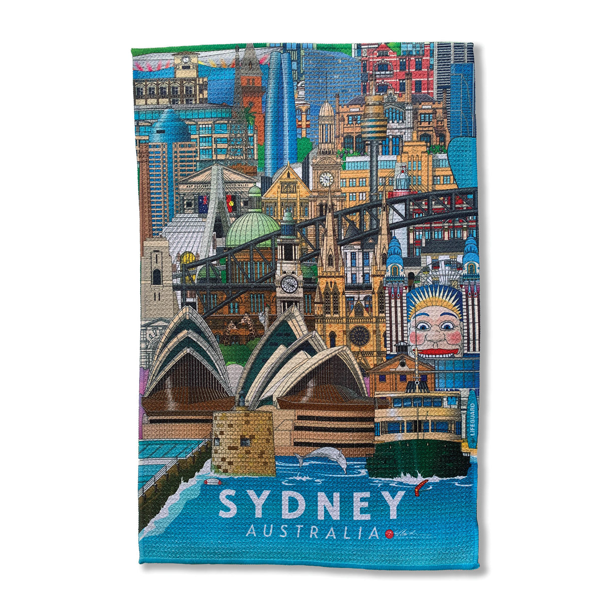 Sydney NSW Australia tea towel with Sydney Harbour bridge, Sydney Opera House, Luna Park, Barangaroo, Town Hall. Landmark cotton tea towel