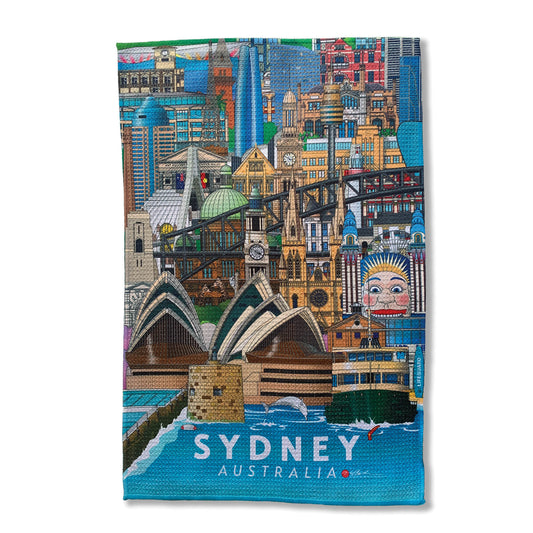 Sydney NSW Australia tea towel with Sydney Harbour bridge, Sydney Opera House, Luna Park, Barangaroo, Town Hall. Landmark cotton tea towel
