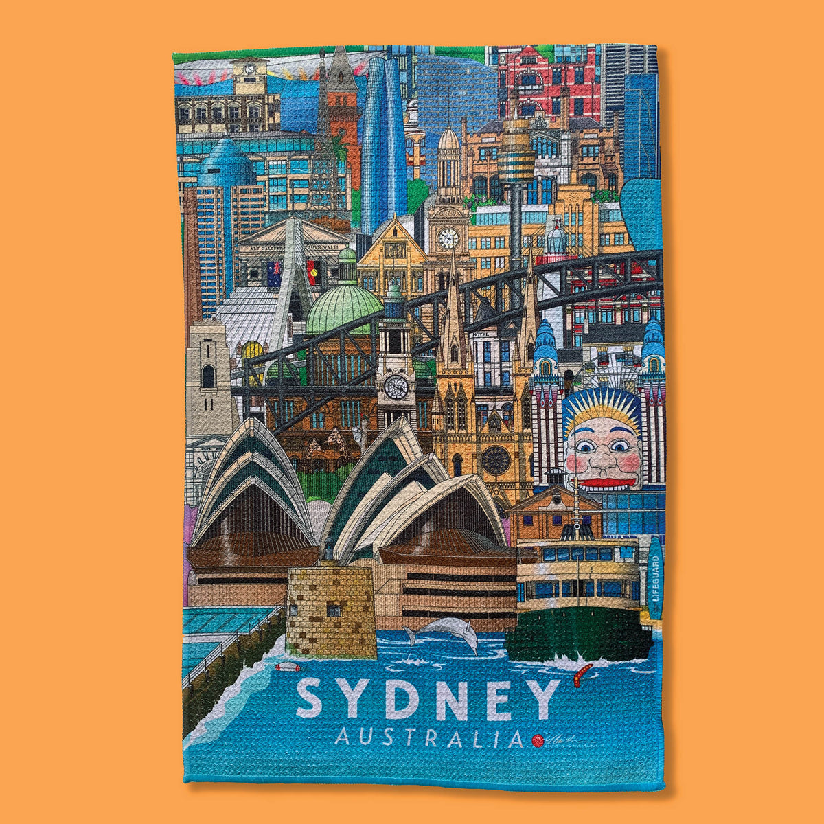 Sydney NSW Australia tea towel with Sydney Harbour bridge, Sydney Opera House, Luna Park, Barangaroo, Town Hall. Landmark cotton tea towel orange background