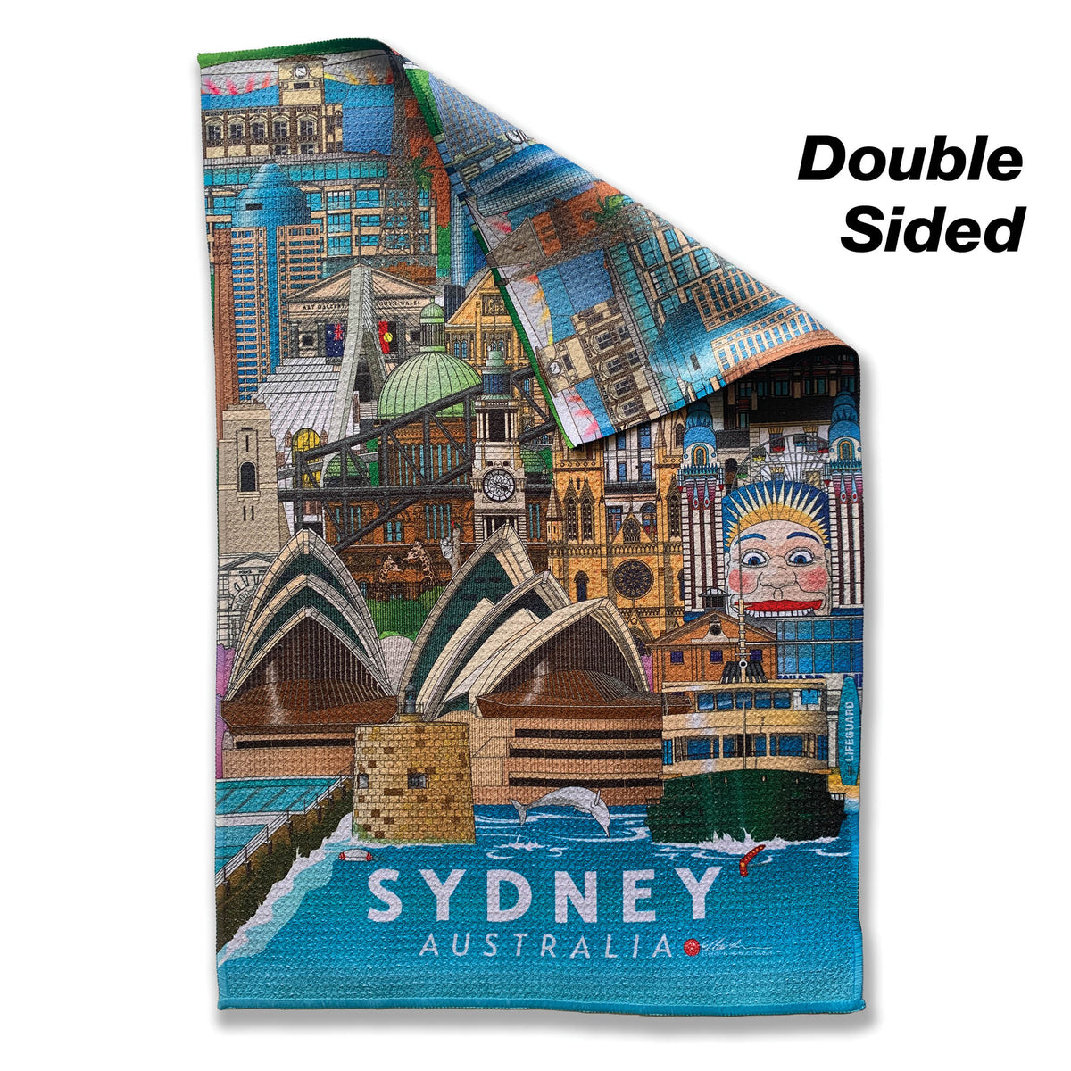 Sydney NSW Australia tea towel with Sydney Harbour bridge, Sydney Opera House, Luna Park, Barangaroo, Town Hall. Landmark cotton tea towel, QVB