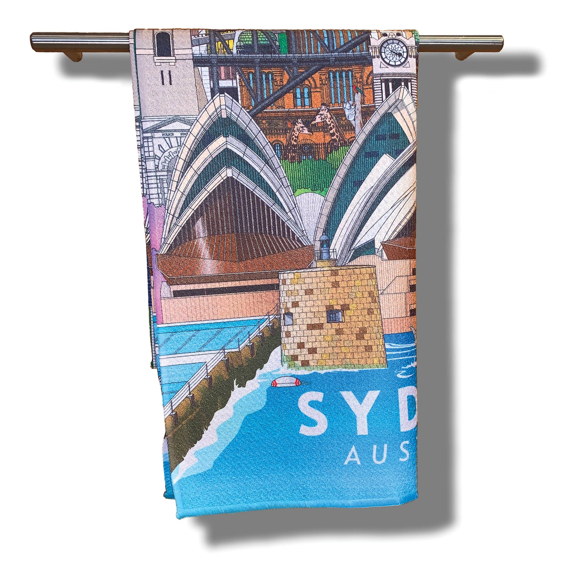 Sydney NSW Australia tea towel with Sydney Harbour bridge, Sydney Opera House, Luna Park, Barangaroo, Town Hall. Landmark cotton tea towel