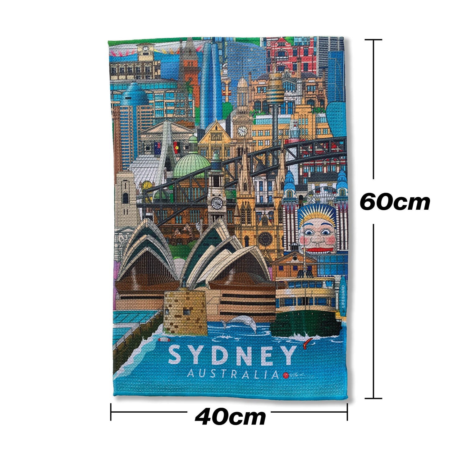 Sydney NSW Australia tea towel with Sydney Harbour bridge, Sydney Opera House, Luna Park, Barangaroo, Town Hall. Landmark cotton tea towel